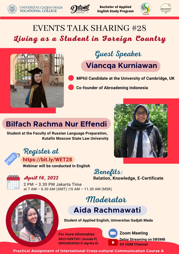 Bachelor of Applied English, Vocational College, Universitas Gadjah Mada proudly present EVENTS TALK SHARING #28