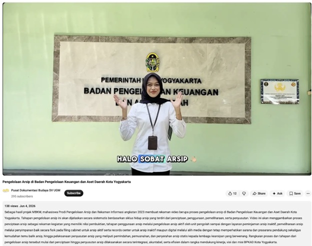 Gambar 1. Video panduan pengelolaan arsip di Badan Pengelolaan Keuangan dan Aset Daerah Kota Yogyakarta yang diunggah pada laman Pusat Dokumentasi Budaya SV UGM